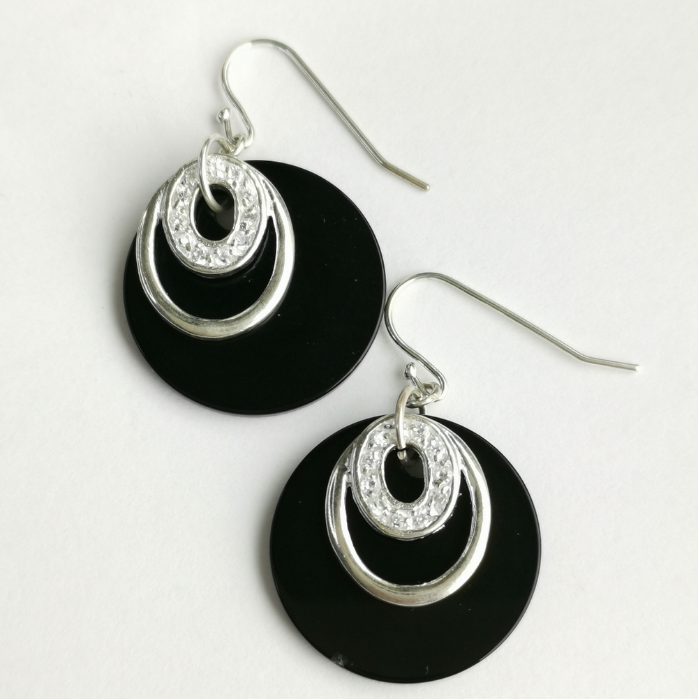 NEW sterling silver black onyx CZ dangle Hoop  earrings